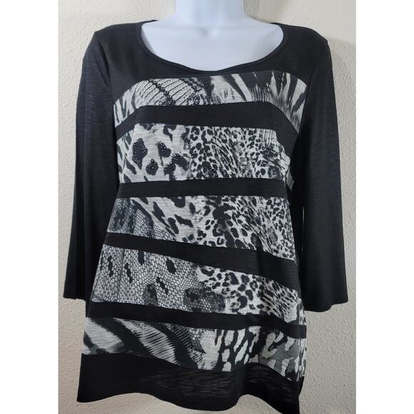 Chico's Black Gray Animal Print Beading Top 1 Medium New Without Tags Soft - Picture 1 of 7